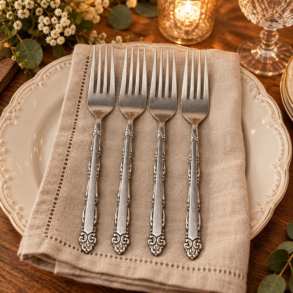 Vintage Ekco Eterna Mary Ellen Dinner Forks Set 4 Stainless Japan 7 5/8" Floral